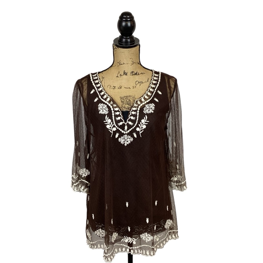 Sundance Sheer Embroidered Lace Top Brown